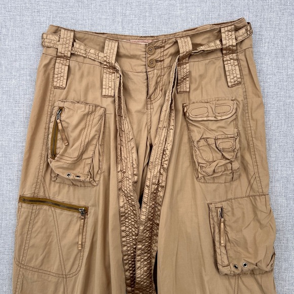 VTG Y2K Abercrombie & Fitch Wide Leg Paratrooper Cargo Pants Women 4 Tan Satin - Picture 3 of 14